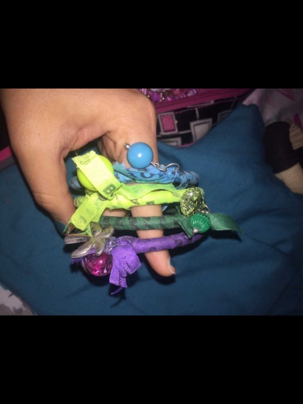 Colorful Ribbon & Charm bracelets Set - Green, Blue, Purple
